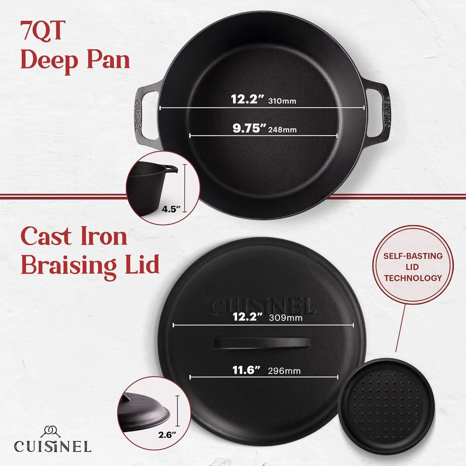 Cuisinel Cast Iron Dutch Oven - 7-Quart Deep Pot   Lid   Pan Scraper   Handle Covers - Large Pre-Seasoned Cooker for Baking Bread, Soup, Frying - Indoor/Outdoor Kitchen, Camping, Fire, BBQ Safe