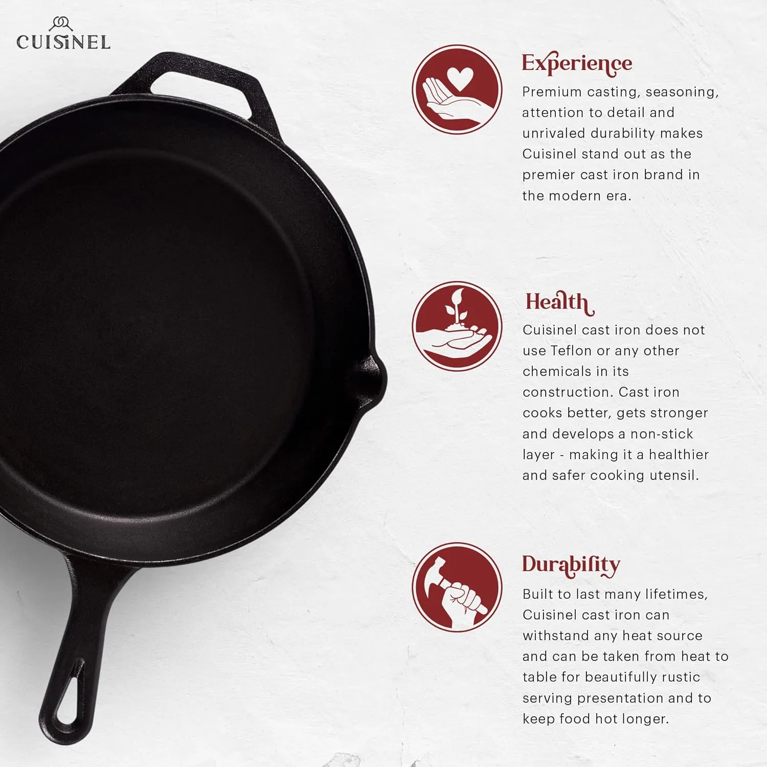 Cuisinel Cast Iron Skillet with Lid - 12"-Inch Frying Pan   Glass Cover   Silicone Handle Holder - Pre-Seasoned Oven Safe Cookware - Indoor/Outdoor Use - Grill, BBQ, Fire, Stovetop, Induction