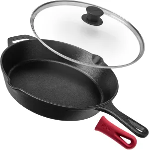 Cuisinel Cast Iron Skillet with Lid - 12"-Inch Frying Pan   Glass Cover   Silicone Handle Holder - Pre-Seasoned Oven Safe Cookware - Indoor/Outdoor Use - Grill, BBQ, Fire, Stovetop, Induction