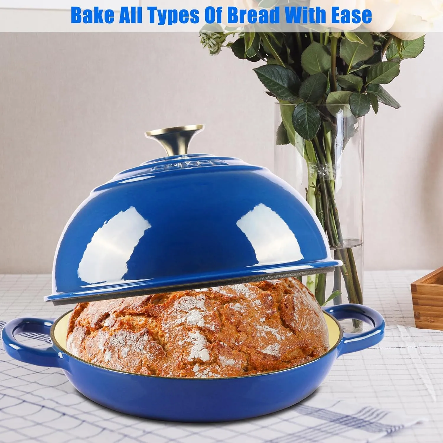 CUKOR 7QT Enameled Cast Iron Dutch Oven - Round Blue Bread Baking Pot with Lid, Roast Braiser for Oven/Stovetop (Braising, Stewing, Soups)