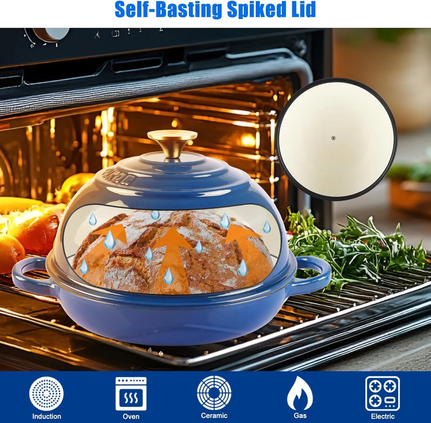 CUKOR 7QT Enameled Cast Iron Dutch Oven - Round Blue Bread Baking Pot with Lid, Roast Braiser for Oven/Stovetop (Braising, Stewing, Soups)