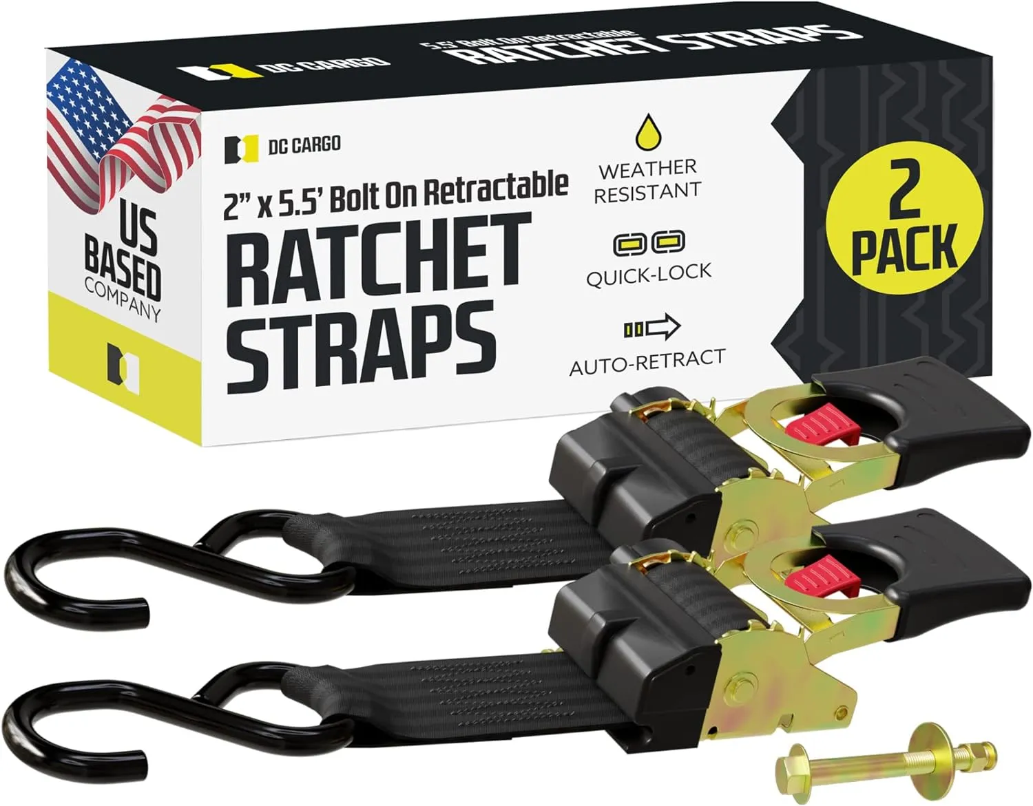 DC Cargo Mall Bolt-on Auto Retractable Ratchet Straps - (2 Pack) 2 Inch x 5.5 Ft - 1,333 lbs Break Strength - Retractable Ratchet Tie Down Straps for Boats, Jet Skis, Motorcycles, ATVs