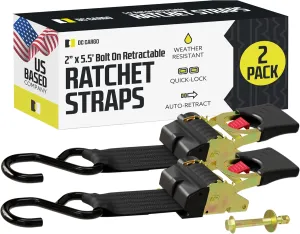 DC Cargo Mall Bolt-on Auto Retractable Ratchet Straps - (2 Pack) 2 Inch x 5.5 Ft - 1,333 lbs Break Strength - Retractable Ratchet Tie Down Straps for Boats, Jet Skis, Motorcycles, ATVs