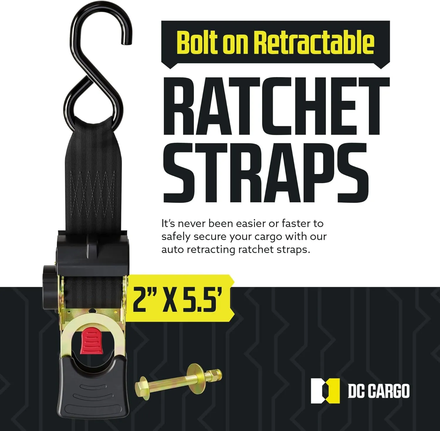 DC Cargo Mall Bolt-on Auto Retractable Ratchet Straps - (2 Pack) 2 Inch x 5.5 Ft - 1,333 lbs Break Strength - Retractable Ratchet Tie Down Straps for Boats, Jet Skis, Motorcycles, ATVs