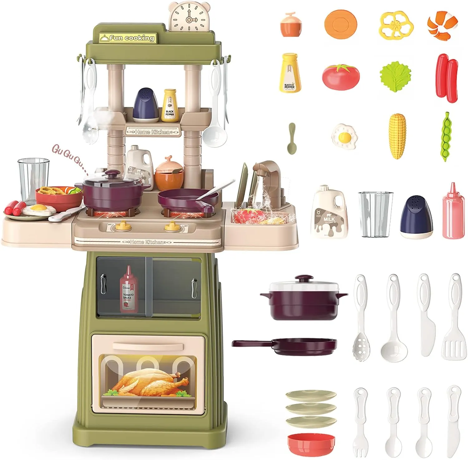 deAO Kitchen Toys for Kids Kitchen Playset Toy,Role Play Game Pretend Food and Cooking Playset (Green)