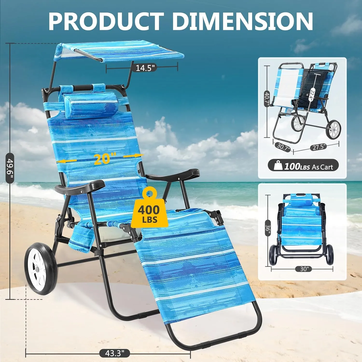 DoCred Beach Chair with Canopy Shade, Folding Beach Cart Chair w/Wheels, Outdoor Recliner Patio Lounge Chairs for Camp, Tailgates, Fishing - Support 400 LBS