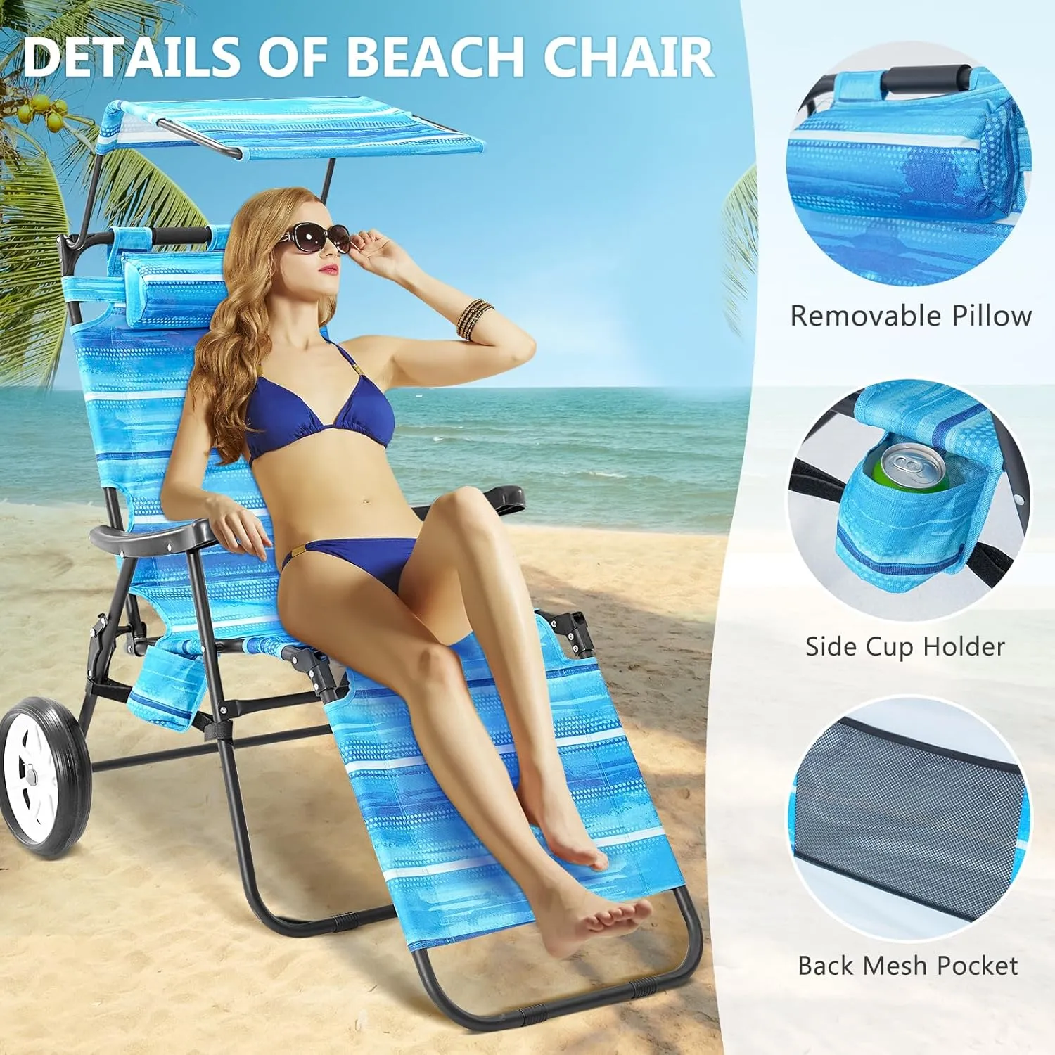 DoCred Beach Chair with Canopy Shade, Folding Beach Cart Chair w/Wheels, Outdoor Recliner Patio Lounge Chairs for Camp, Tailgates, Fishing - Support 400 LBS