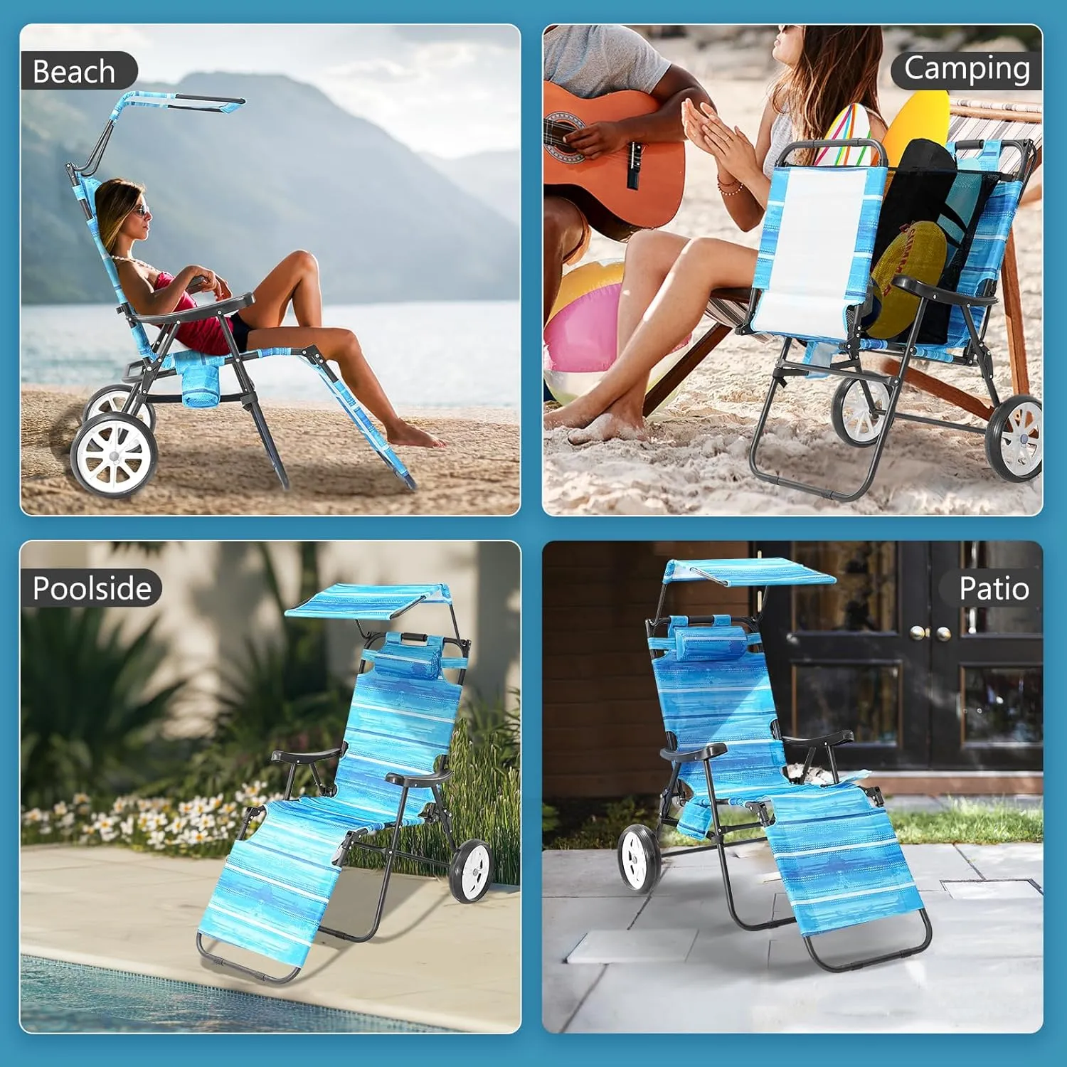 DoCred Beach Chair with Canopy Shade, Folding Beach Cart Chair w/Wheels, Outdoor Recliner Patio Lounge Chairs for Camp, Tailgates, Fishing - Support 400 LBS