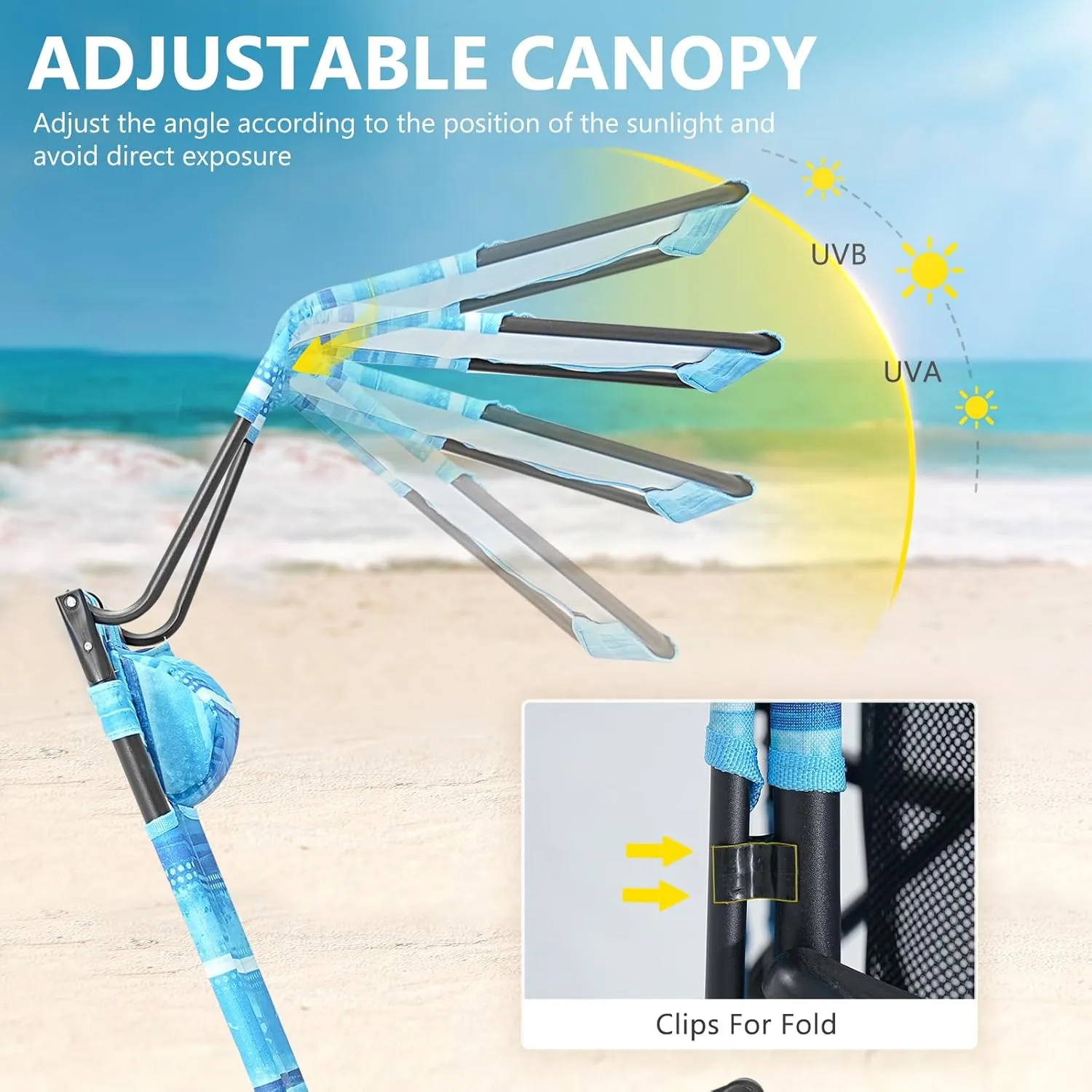 DoCred Beach Chair with Canopy Shade, Folding Beach Cart Chair w/Wheels, Outdoor Recliner Patio Lounge Chairs for Camp, Tailgates, Fishing - Support 400 LBS