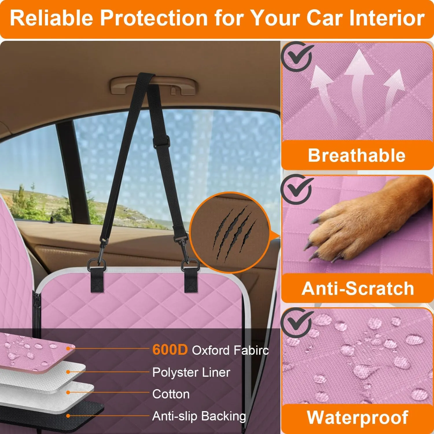 Dog Car Seat Cover for Back Seat Hammock 600D Waterproof Car Seat Protector for Dogs with Anti-Slip Scratch Proof Dog Seat Cover for SUV Truck Pink with Grey Standard Size