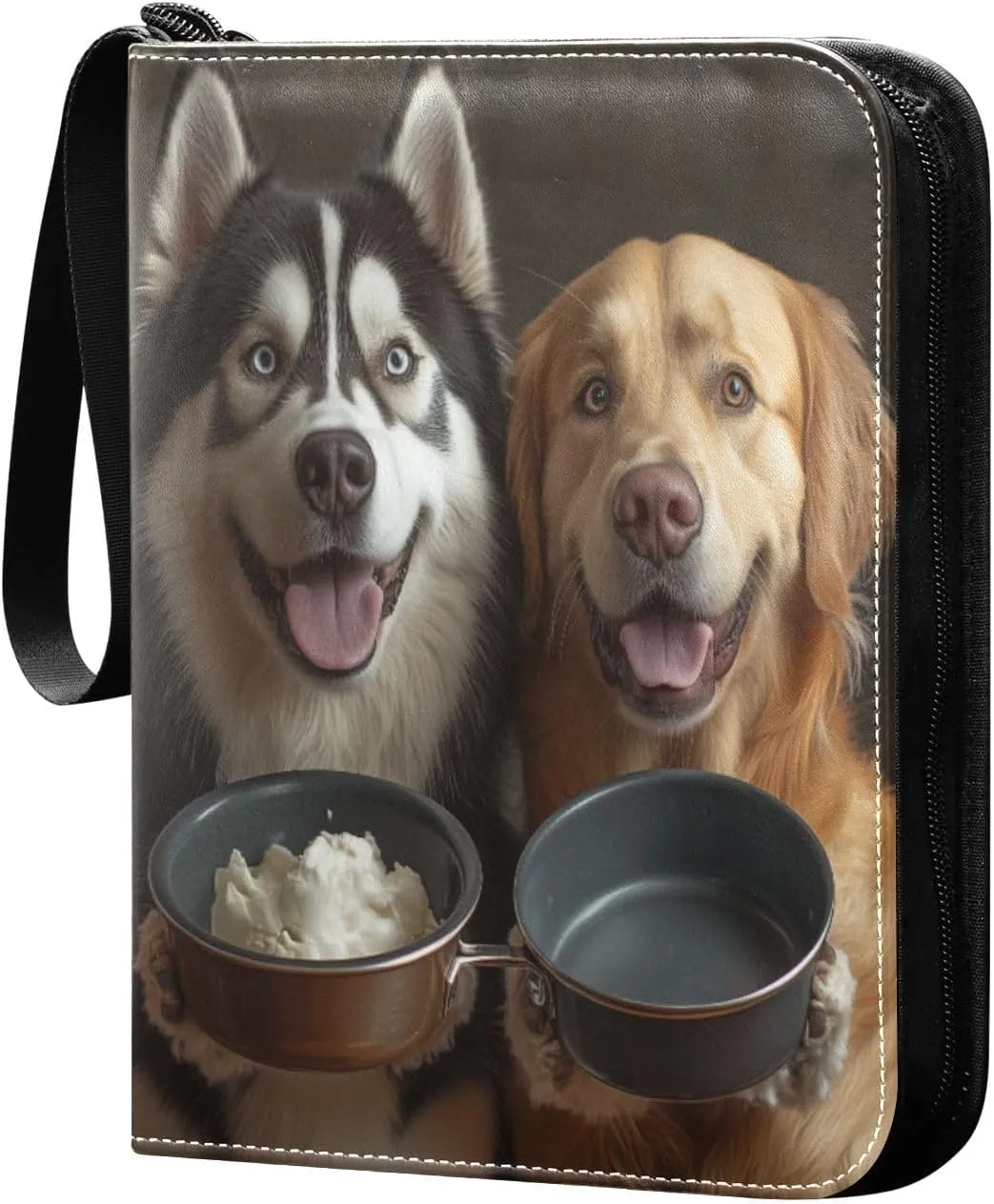 Dogs Holding Frying Pan Cards Binder 4 Pocket Fits 400 Cards with 50 Removable Sleevesves, Trading Card Collector Zipper Album Holder Portable Card Games Display Storage Cases