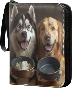 Dogs Holding Frying Pan Cards Binder 4 Pocket Fits 400 Cards with 50 Removable Sleevesves, Trading Card Collector Zipper Album Holder Portable Card Games Display Storage Cases
