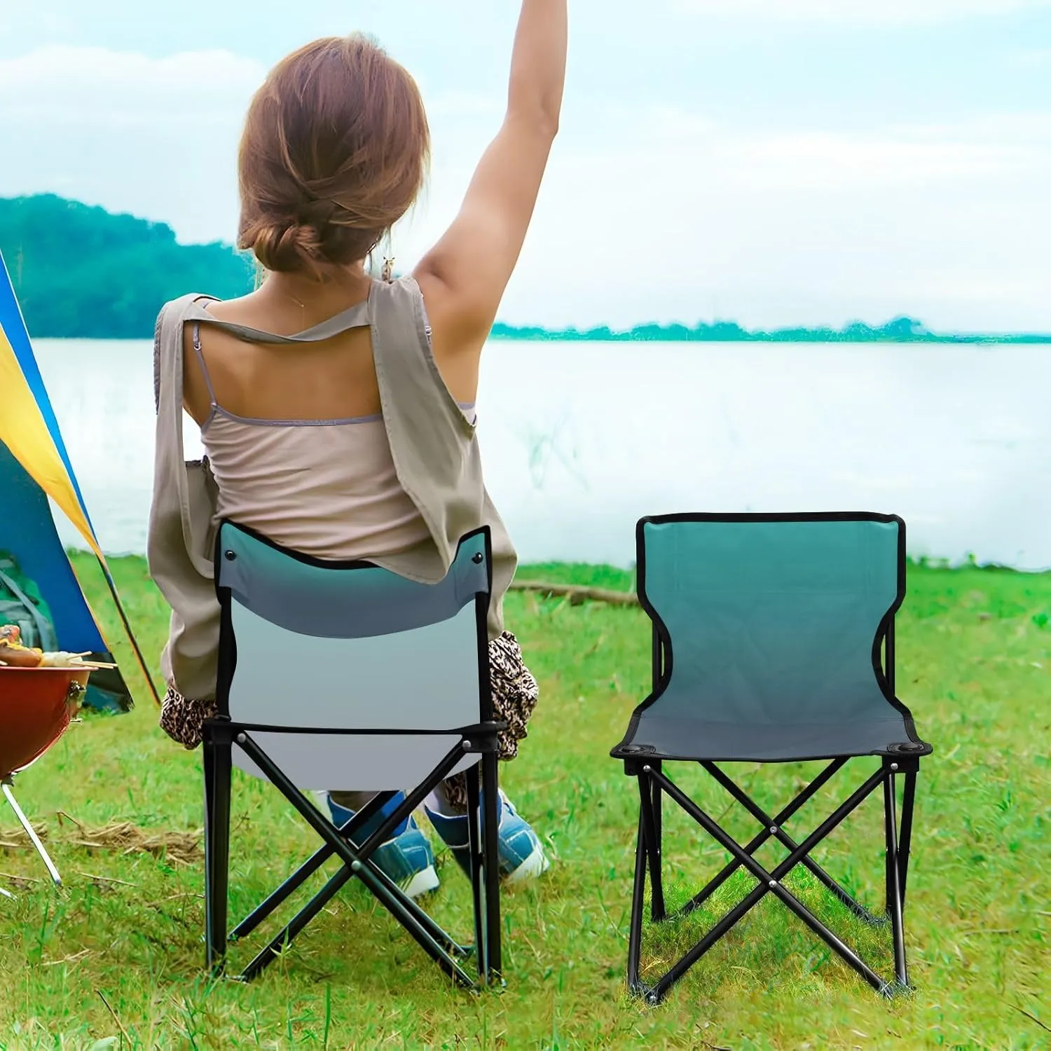 DOMIKING Blue Green Gradient Kids' Portable Camping Chairs for Outdoor Lawn Chairs with Carry Bag Folding Chair for Picnic Beach Camping