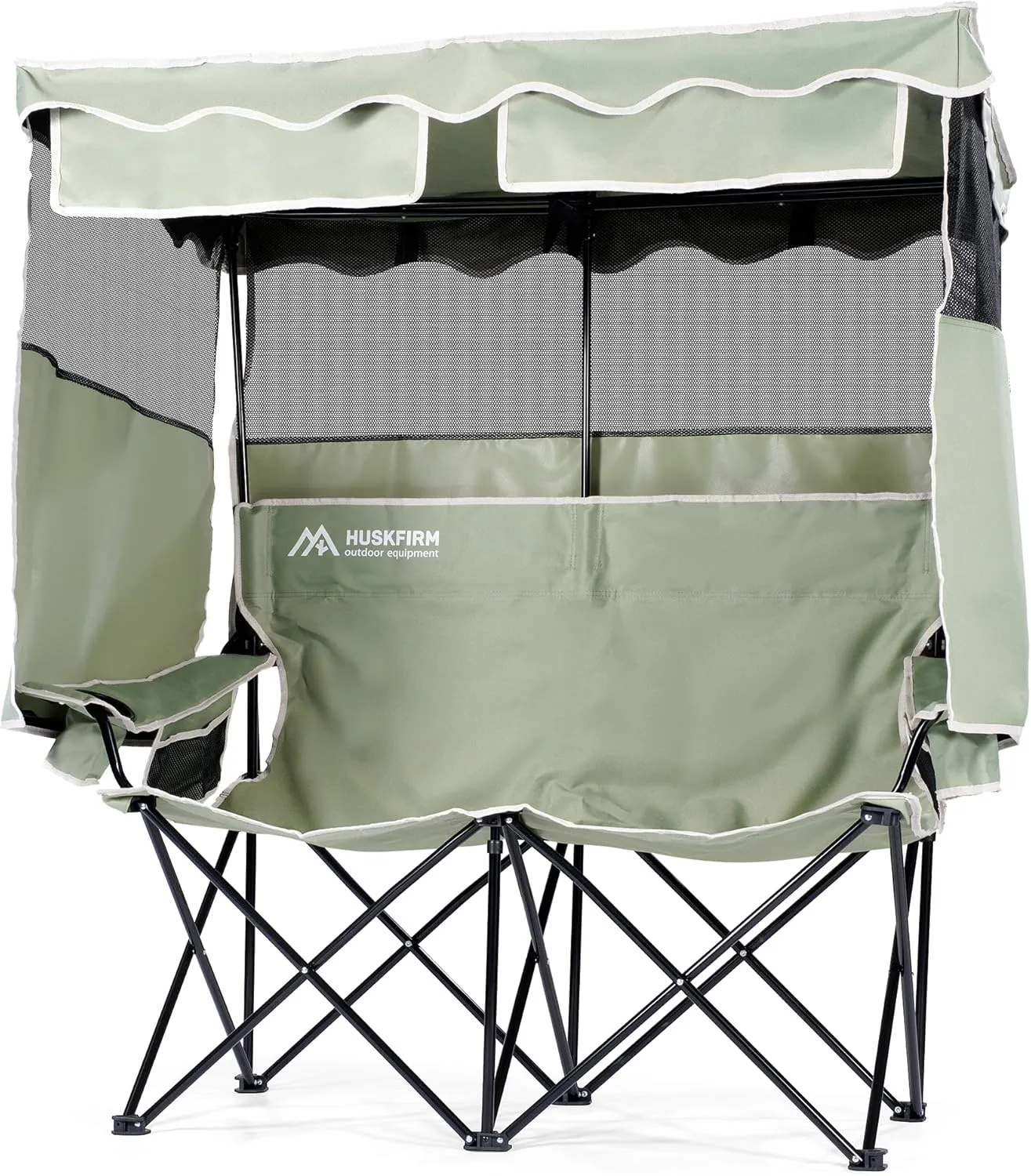 Double Camping Chair with Shade Canopy 2 Person Folding Chair with Canopy Portable Beach Chair Heavy Duty Camping Chair with Two Cup Holders and Side Pocket for Outside Camping,Beach,Sports