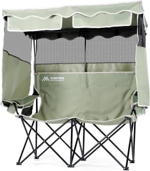 Double Camping Chair with Shade Canopy 2 Person Folding Chair with Canopy Portable Beach Chair Heavy Duty Camping Chair with Two Cup Holders and Side Pocket for Outside Camping,Beach,Sports