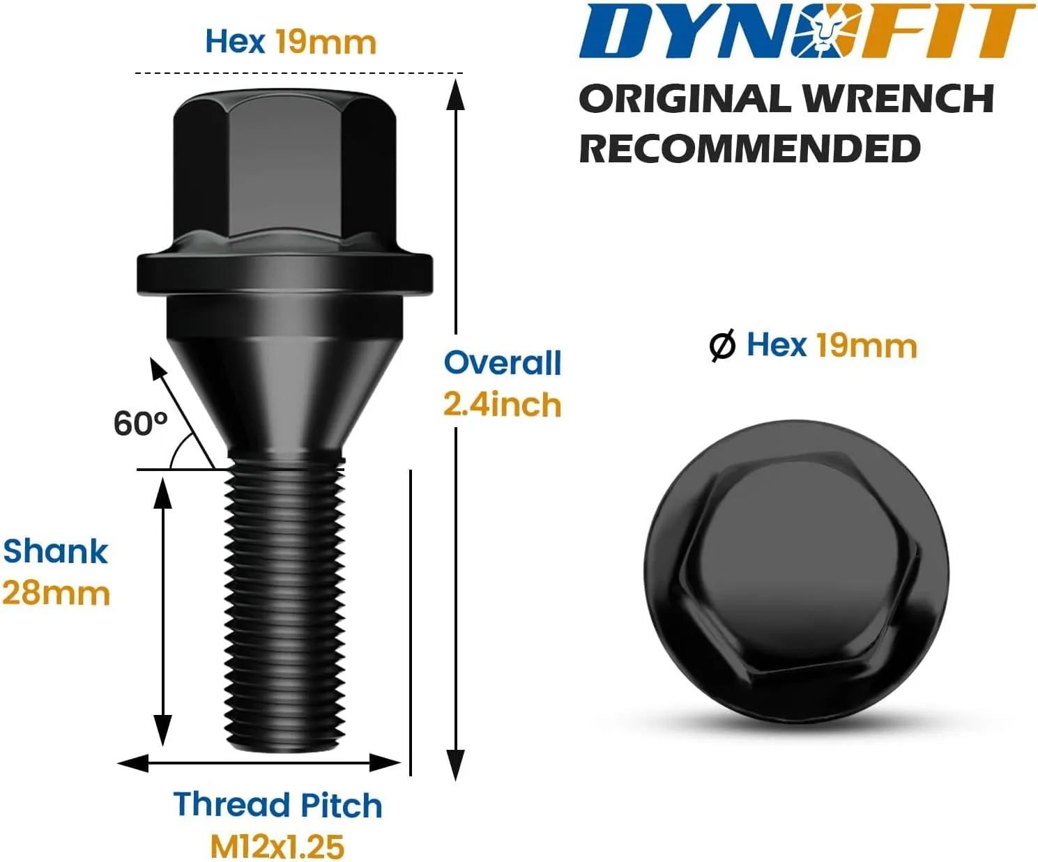 dynofit 12x1.25 OEM/Stock Wheel Lug Bolts, 20pcs ET 19mm Hex 28mm Shank for 2018-2024 Je-ep Compass 2014-2013 Cherokee 2015-2017 Chrysler 2013-2016 Dodge Dart Solid Chrome Studs Set
