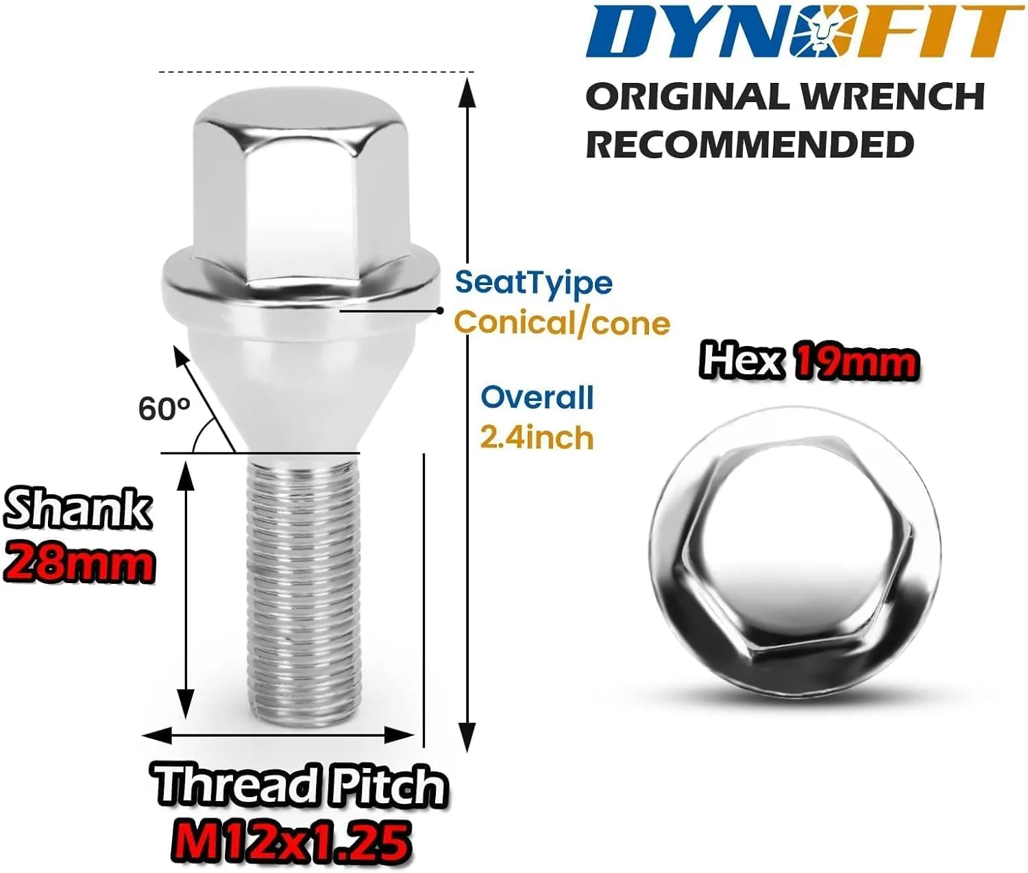 dynofit 12x1.25 OEM/Stock Wheel Lug Bolts, 20pcs ET 28mm Shank 19mm Hex 2.45 inch Length Solid Chrome Studs Set for 2015-2022 Je/ep Renegade, 2018-2022 Compass, 2014-2022 Cherokee and More