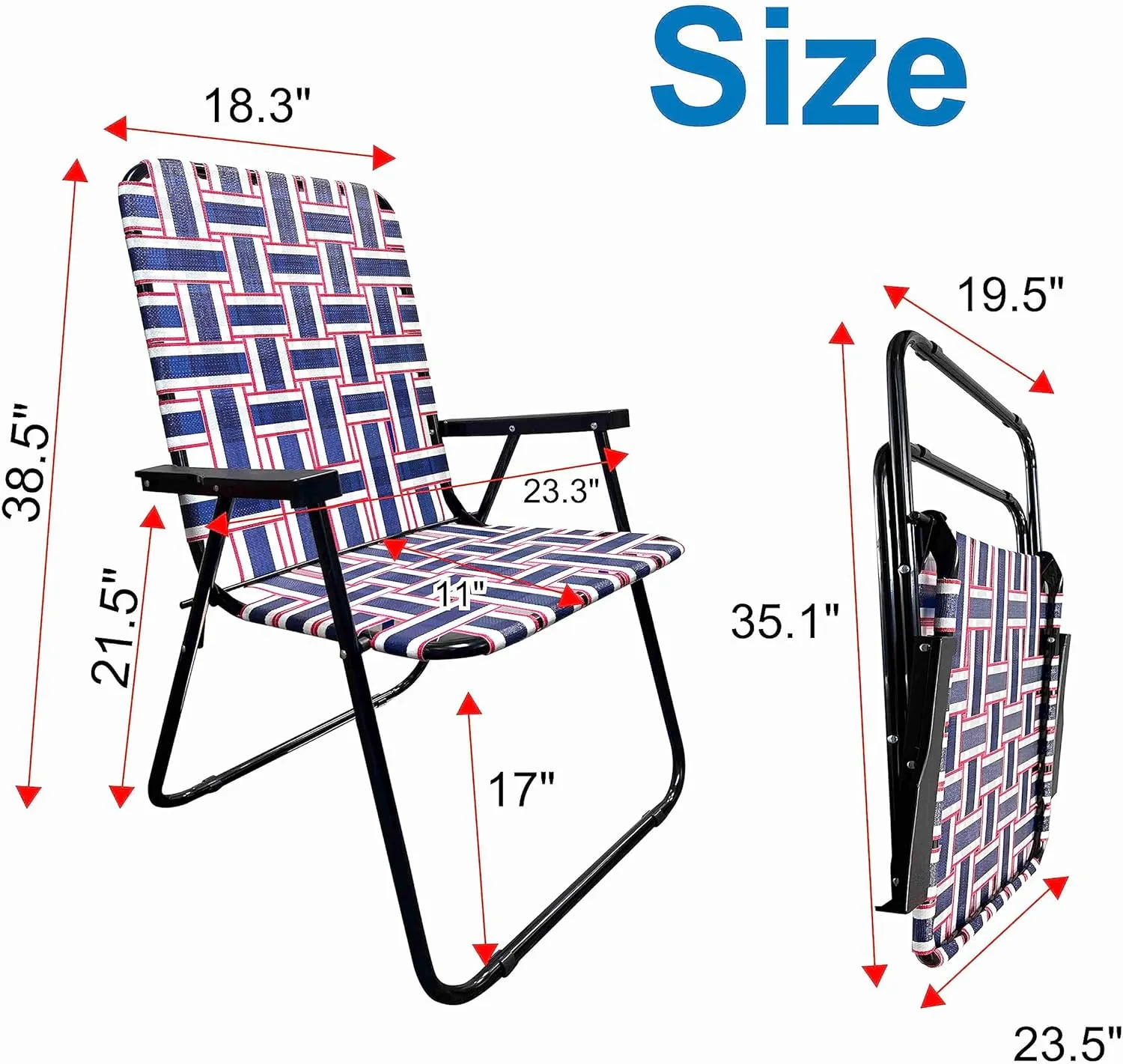 EasyGo Product Lawn Chair Folding Steel Webbing Chaise Patio Lounger Seat Wood Handles for Camping, Beach, Fishing, Backyard, Stadium, Pool, Boating, and Sports, 1 Pack Blue/Red Stripes