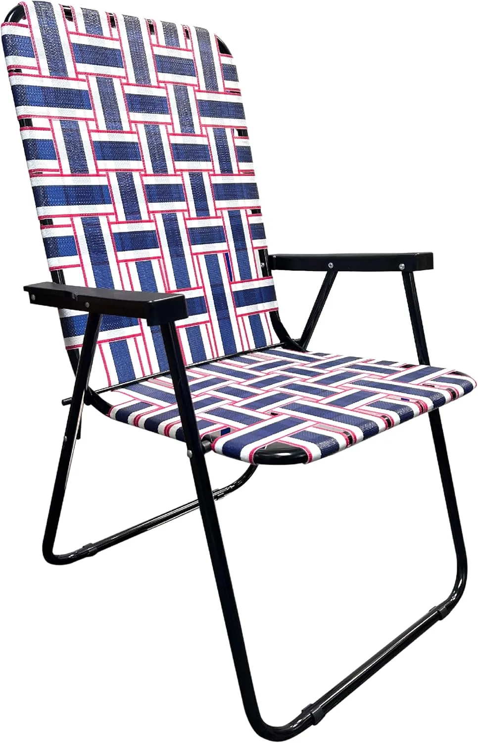 EasyGo Product Lawn Chair Folding Steel Webbing Chaise Patio Lounger Seat Wood Handles for Camping, Beach, Fishing, Backyard, Stadium, Pool, Boating, and Sports, 1 Pack Blue/Red Stripes
