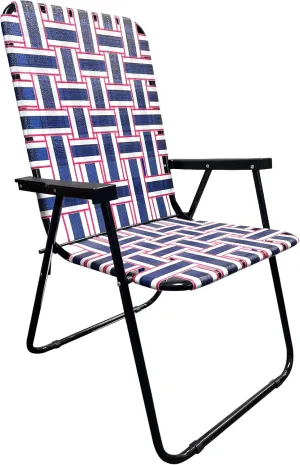 EasyGo Product Lawn Chair Folding Steel Webbing Chaise Patio Lounger Seat Wood Handles for Camping, Beach, Fishing, Backyard, Stadium, Pool, Boating, and Sports, 1 Pack Blue/Red Stripes