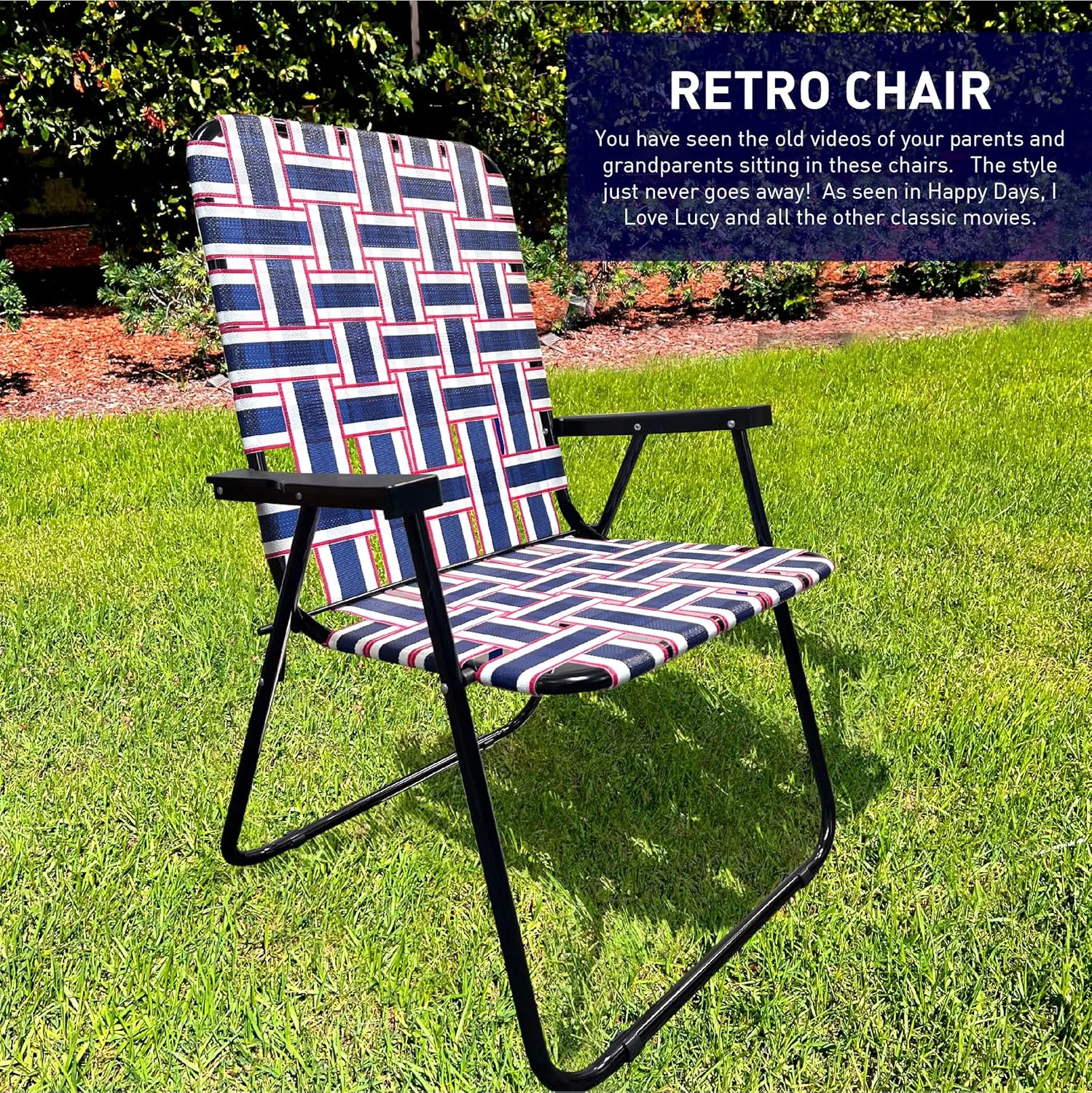 EasyGo Product Lawn Chair Folding Steel Webbing Chaise Patio Lounger Seat Wood Handles for Camping, Beach, Fishing, Backyard, Stadium, Pool, Boating, and Sports, 1 Pack Blue/Red Stripes