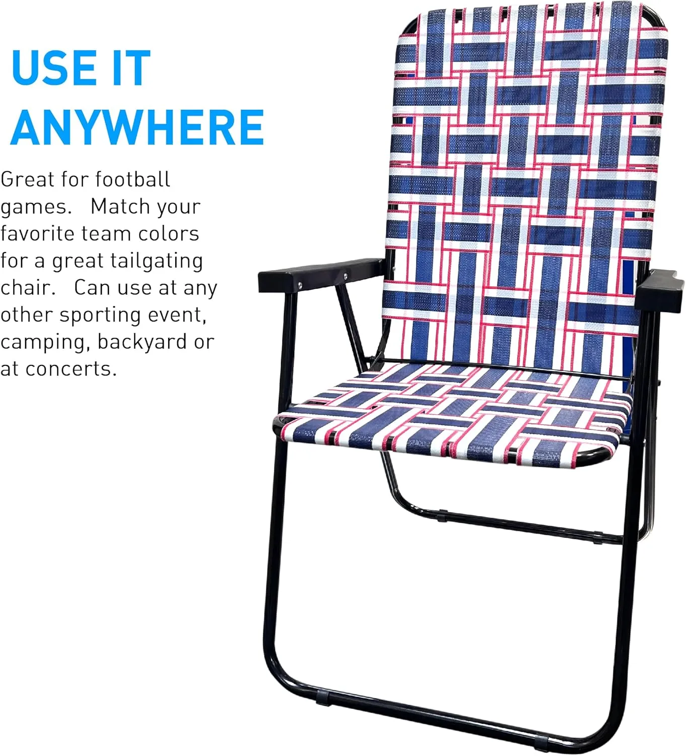 EasyGo Product Lawn Chair Folding Steel Webbing Chaise Patio Lounger Seat Wood Handles for Camping, Beach, Fishing, Backyard, Stadium, Pool, Boating, and Sports, 1 Pack Blue/Red Stripes