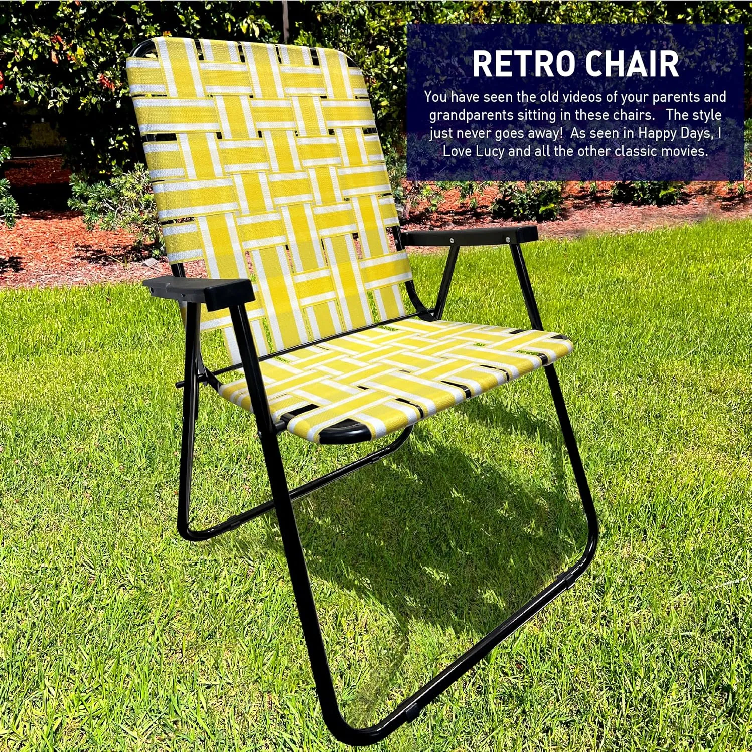 EasyGo Product Lawn Chair Folding Steel Webbing Chaise Patio Lounger Seat Wood Handles for Camping, Beach, Fishing, Backyard, Stadium, Pool, Boating, and Sports, 1 Pack Yellow Stripes