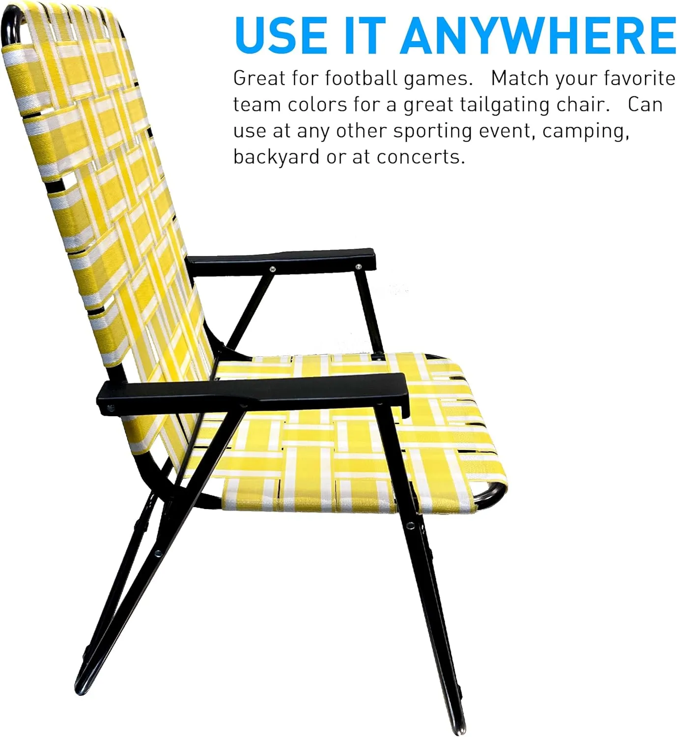 EasyGo Product Lawn Chair Folding Steel Webbing Chaise Patio Lounger Seat Wood Handles for Camping, Beach, Fishing, Backyard, Stadium, Pool, Boating, and Sports, 1 Pack Yellow Stripes