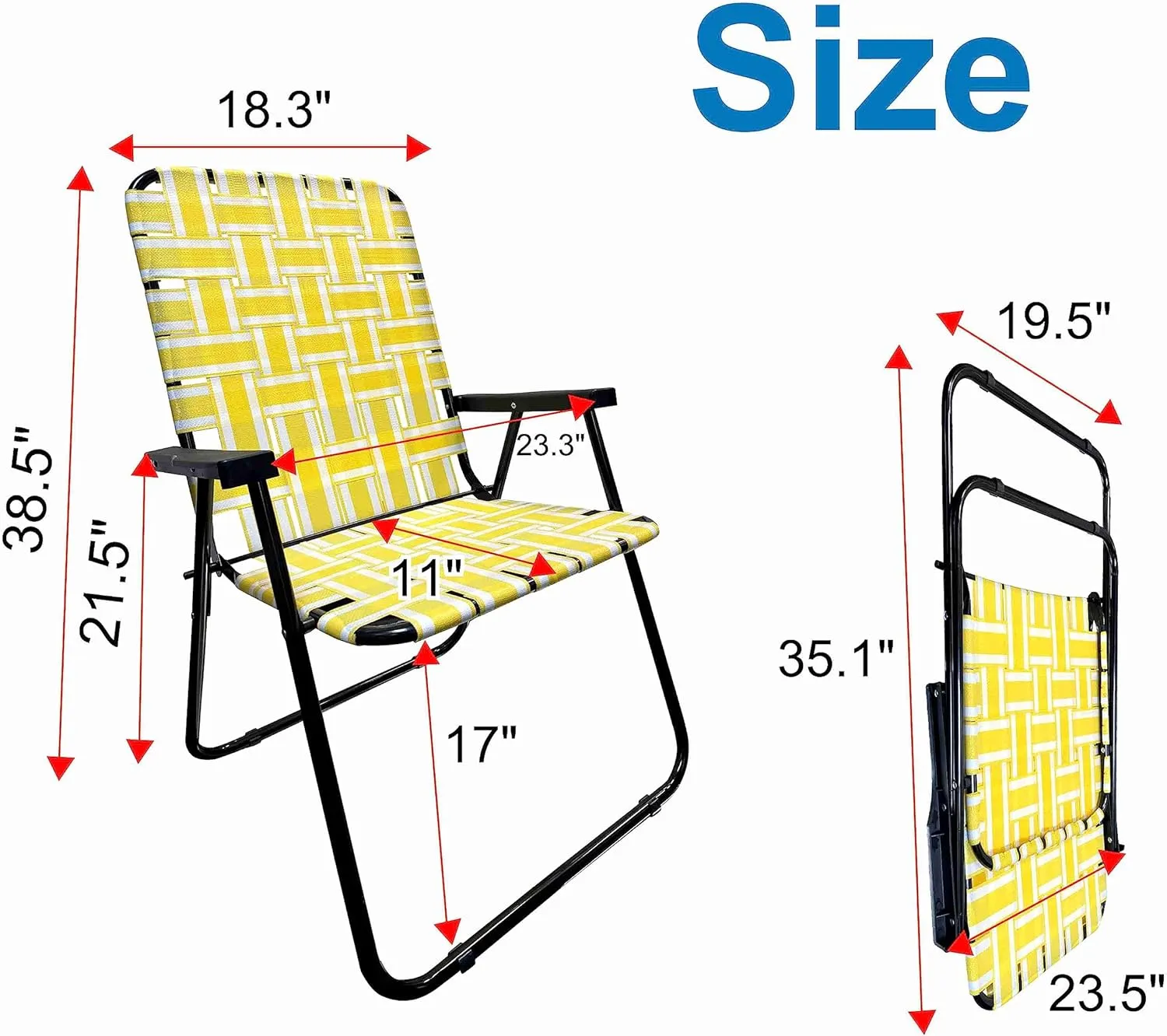 EasyGo Product Lawn Chair Folding Steel Webbing Chaise Patio Lounger Seat Wood Handles for Camping, Beach, Fishing, Backyard, Stadium, Pool, Boating, and Sports, 1 Pack Yellow Stripes
