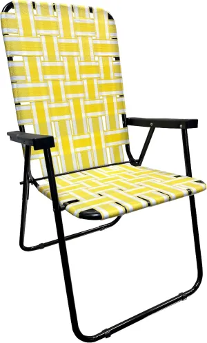EasyGo Product Lawn Chair Folding Steel Webbing Chaise Patio Lounger Seat Wood Handles for Camping, Beach, Fishing, Backyard, Stadium, Pool, Boating, and Sports, 1 Pack Yellow Stripes