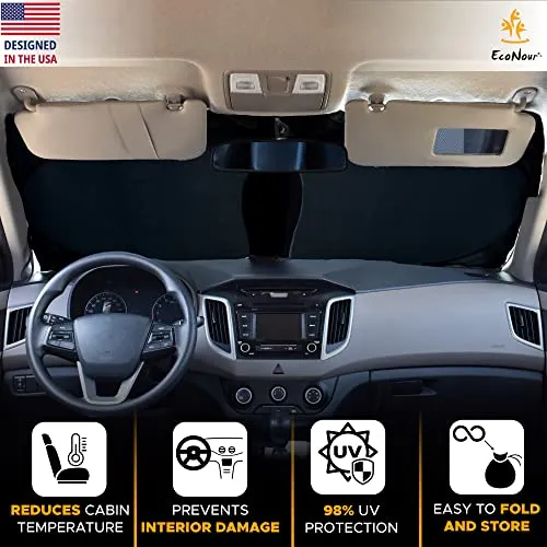 EcoNour Car Windshield Sun Shade with Storage Pouch | Durable 240T Material Car Sun Visor for UV Rays and Sun Heat Protection | Car Interior Accessories for Sun Heat | Classic (59 inches x 29 inches)