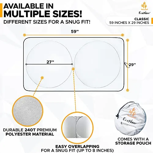 EcoNour Car Windshield Sun Shade with Storage Pouch | Durable 240T Material Car Sun Visor for UV Rays and Sun Heat Protection | Car Interior Accessories for Sun Heat | Classic (59 inches x 29 inches)