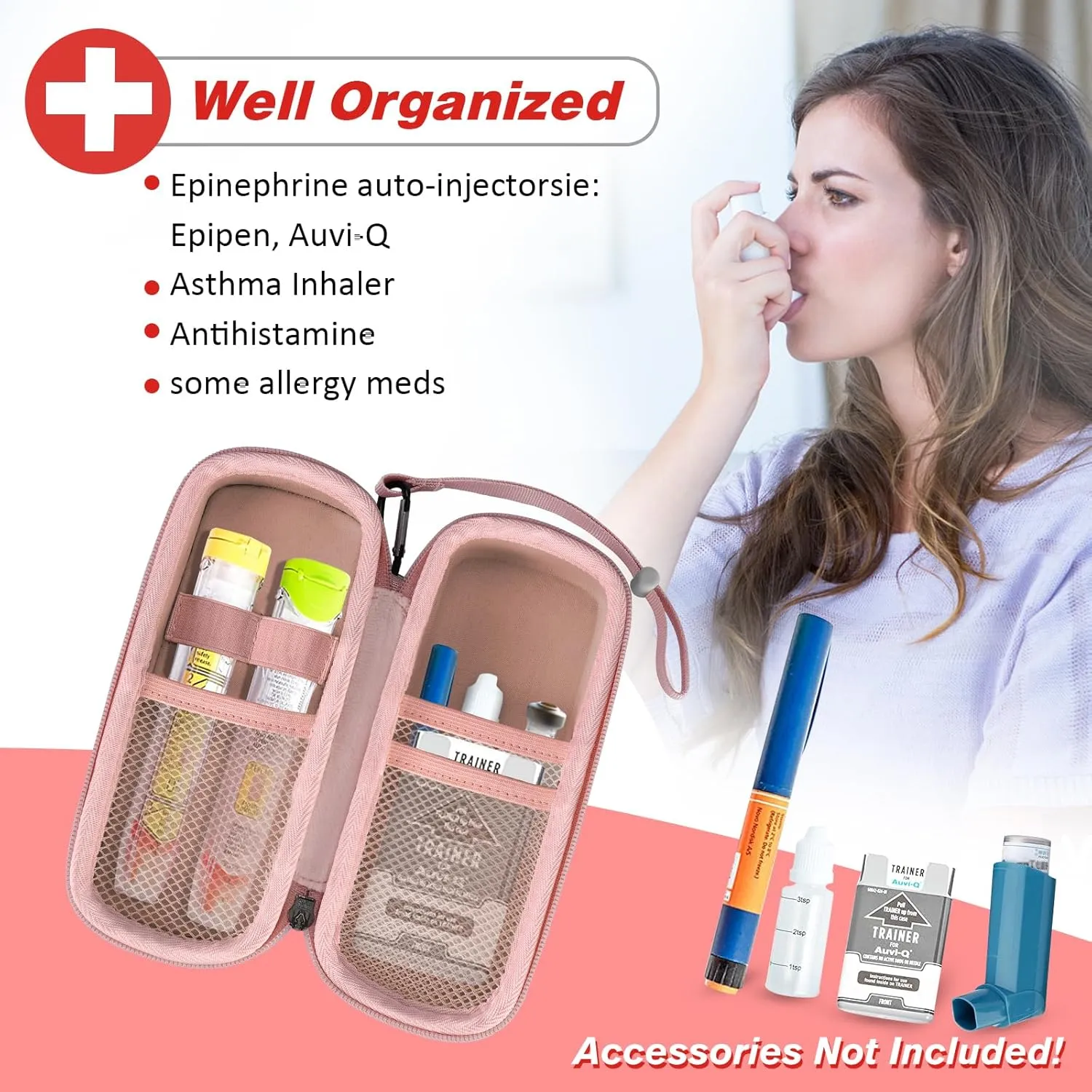 Epipen Medical Carrying Case, Hard Shell EVA Shock Absorption Travel Medication Organizer Bag Emergency Medical Pouch Holds 2 EpiPens, Asthma Inhaler, Auvi-Q, Allergy Supplies (Rose Gold)
