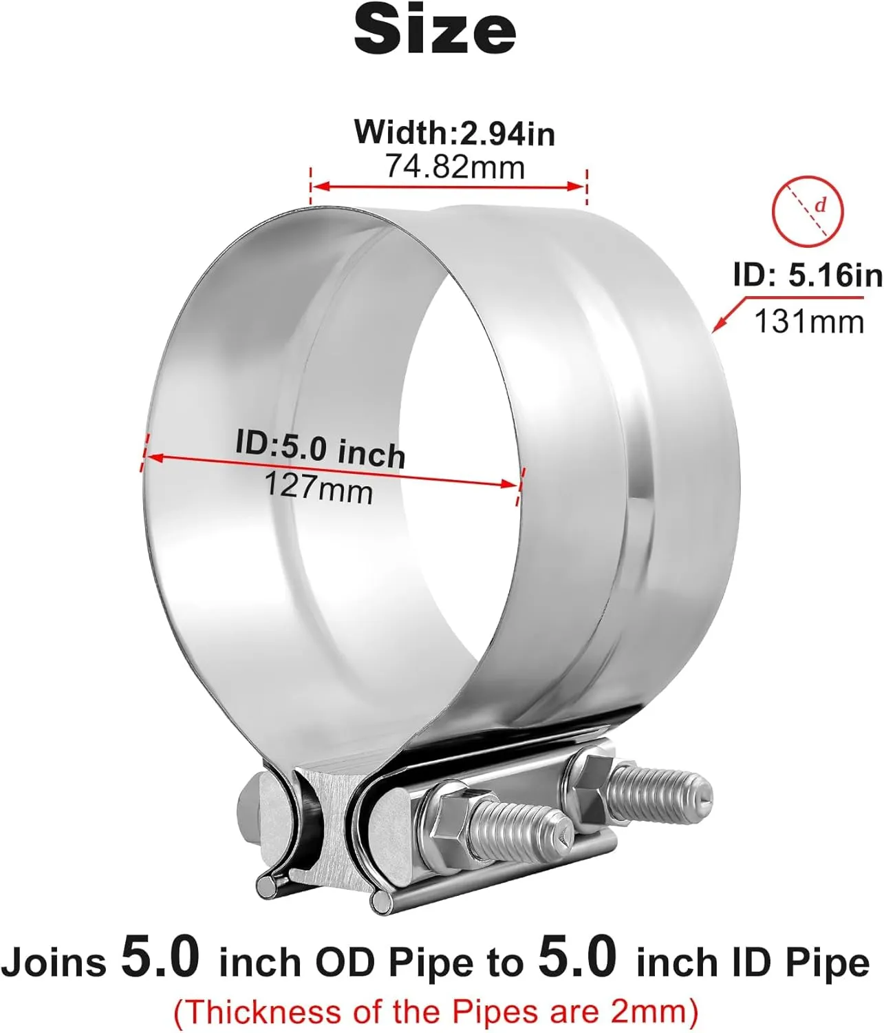 EVIL ENERGY 5'' Exhaust Clamp,Lap Joint Band Clamp Stainless Steel for Pipes,Mufflers,Catalytic Converters (4Pcs, 5 inch)
