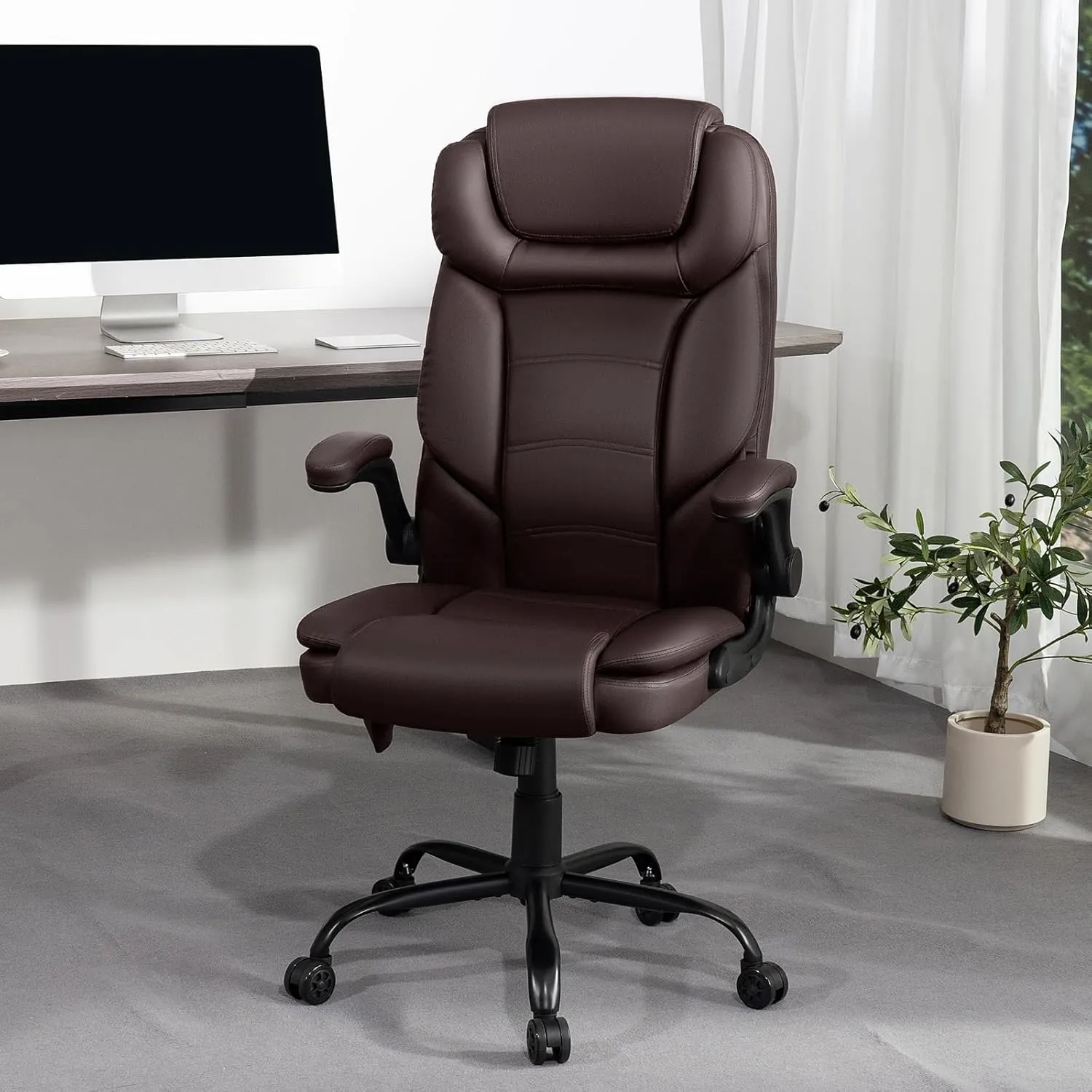 Executive Office Chair Big and Tall 450lbs Heavy Duty Office Chair with Adjustable Lumbar Support High Back Ergonomic Home Computer Leather Chair with Padded Flip-up Arms for Heavy People,Brown