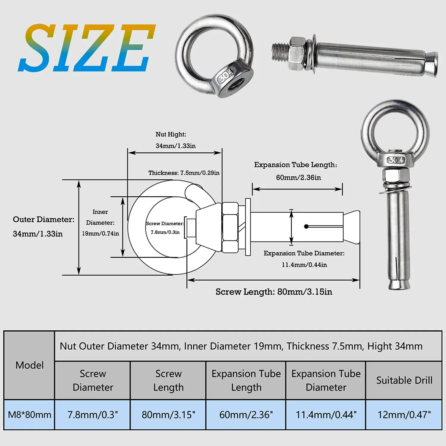 Eyebolt Bolt Stainless Steel Wall Concrete Brick Anchor Expansion Bolts Ring Screw Eyes, Heavy Duty Anchor Fastener Eye Bolt (M8, 8 Pcs)