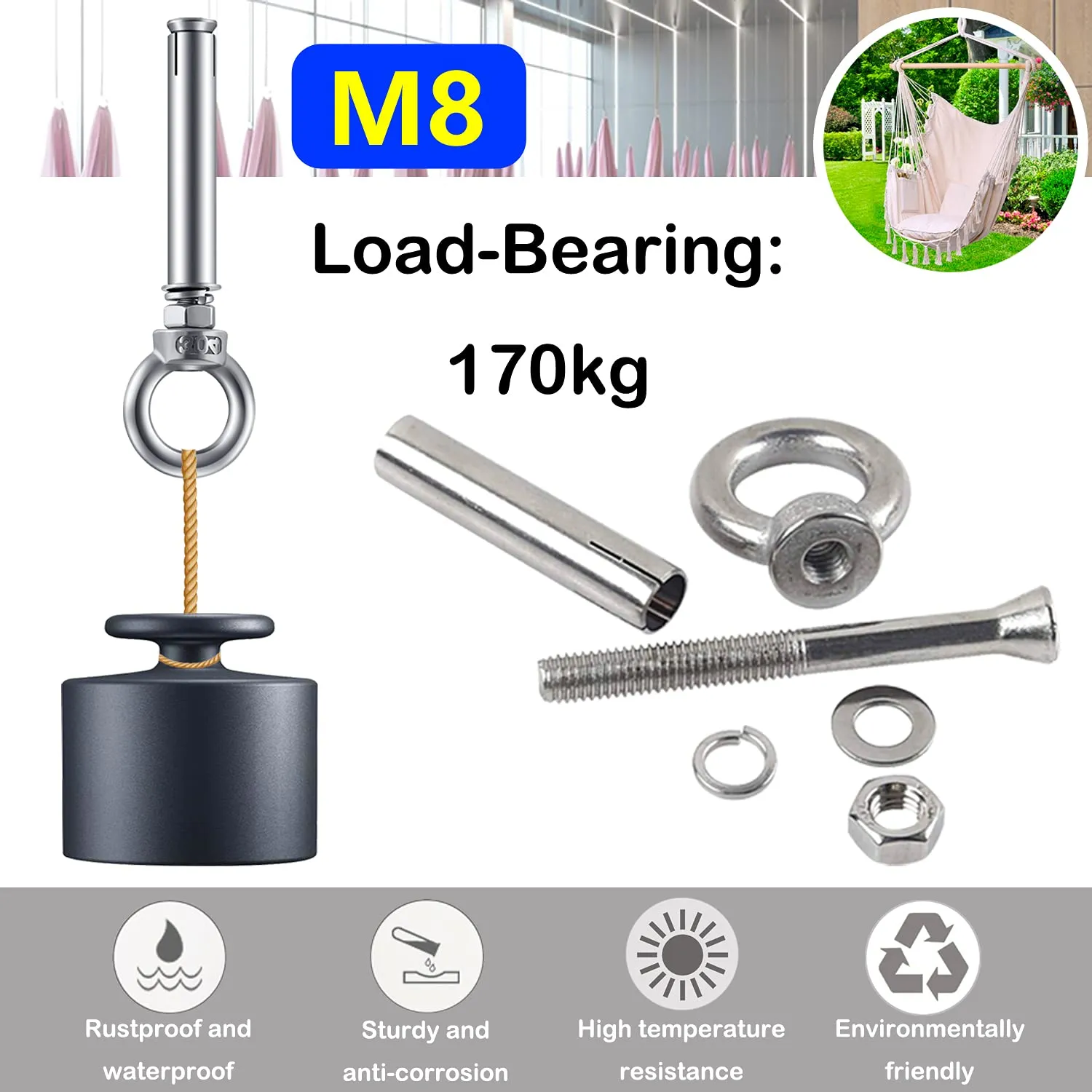 Eyebolt Bolt Stainless Steel Wall Concrete Brick Anchor Expansion Bolts Ring Screw Eyes, Heavy Duty Anchor Fastener Eye Bolt (M8, 8 Pcs)