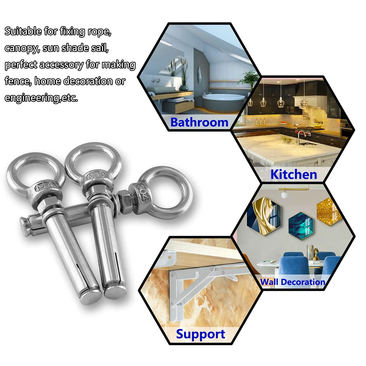 Eyebolt Bolt Stainless Steel Wall Concrete Brick Anchor Expansion Bolts Ring Screw Eyes, Heavy Duty Anchor Fastener Eye Bolt (M8, 8 Pcs)