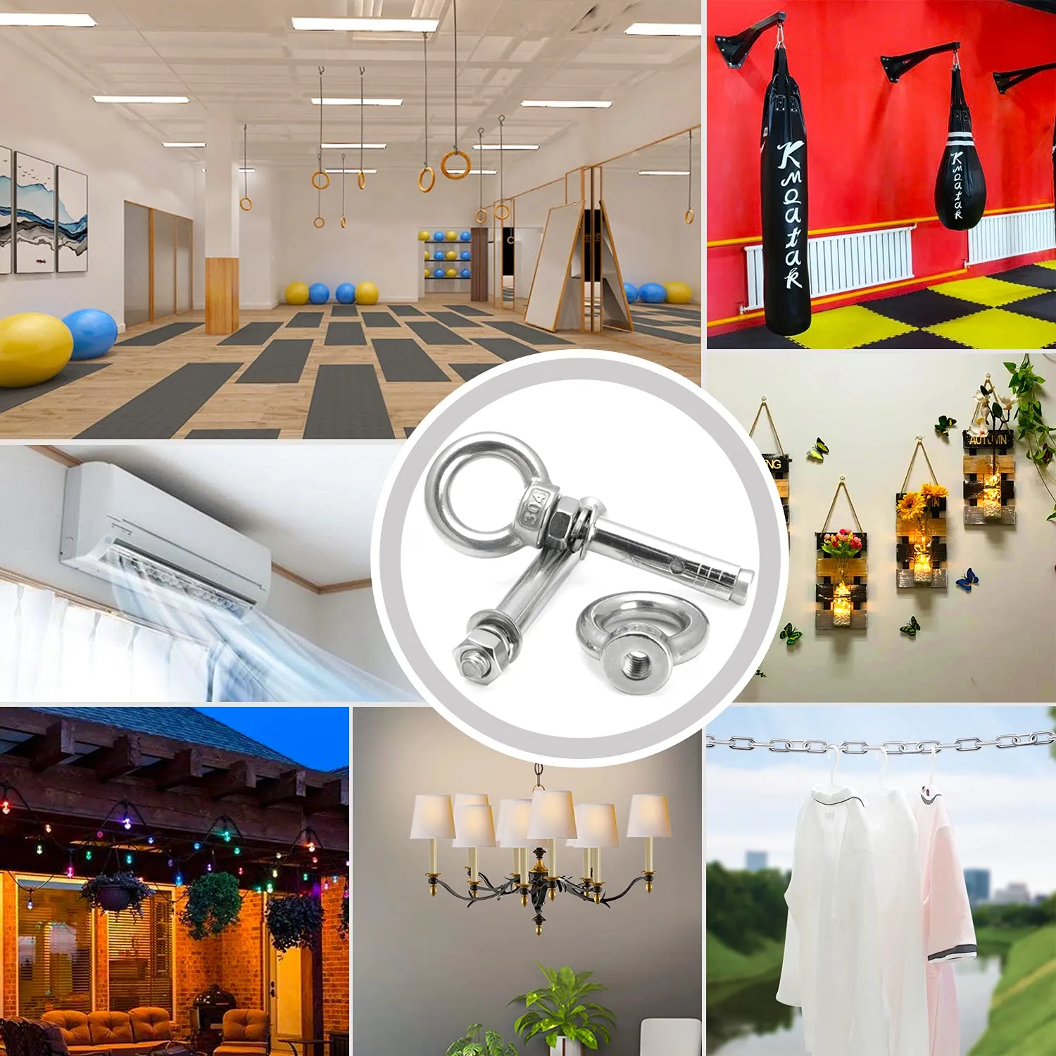 Eyebolt Bolt Stainless Steel Wall Concrete Brick Anchor Expansion Bolts Ring Screw Eyes, Heavy Duty Anchor Fastener Eye Bolt (M8, 8 Pcs)