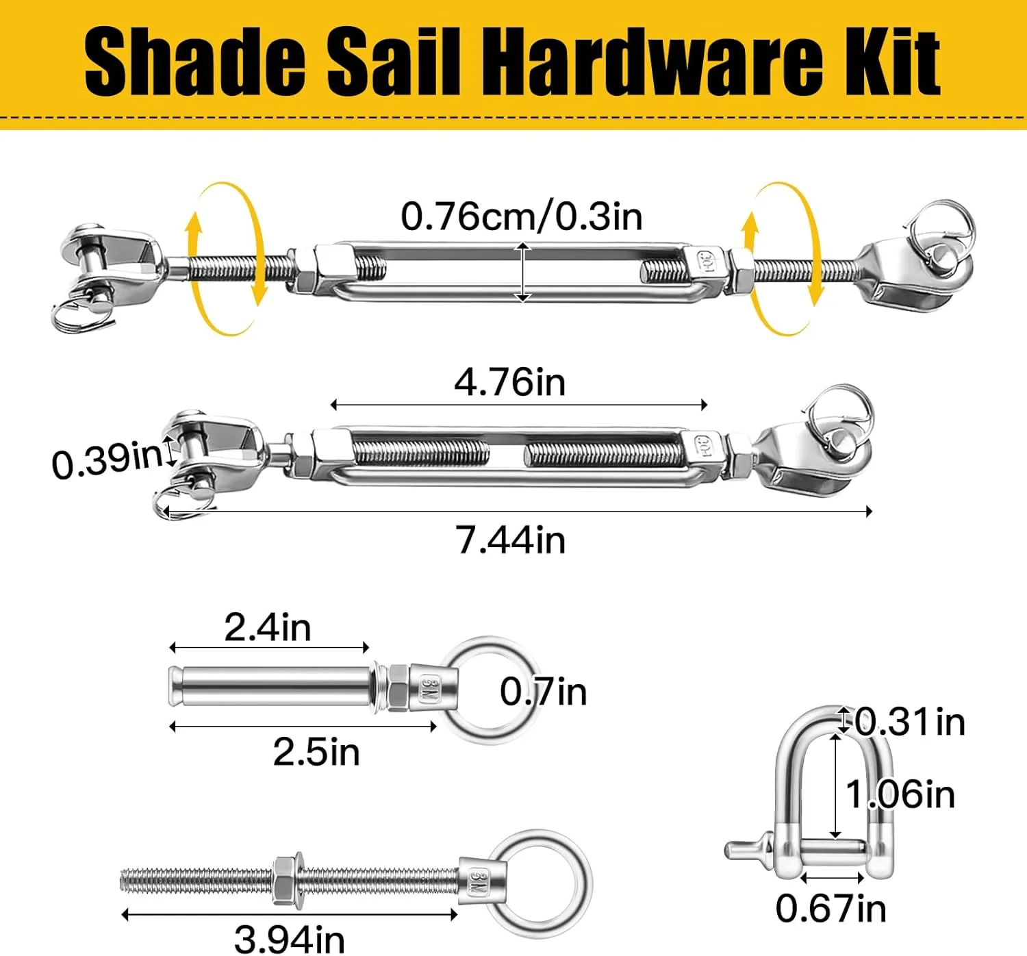 Eyourlife Upgraded Sun Shade Sail Hardware Kit with M8 Adjustable Turnbuckle and Threaded Eyebolts,Heavy Duty 304 Stainless Steel Hardware for Triangle Shade Sails Outdoor Installation,10Pcs
