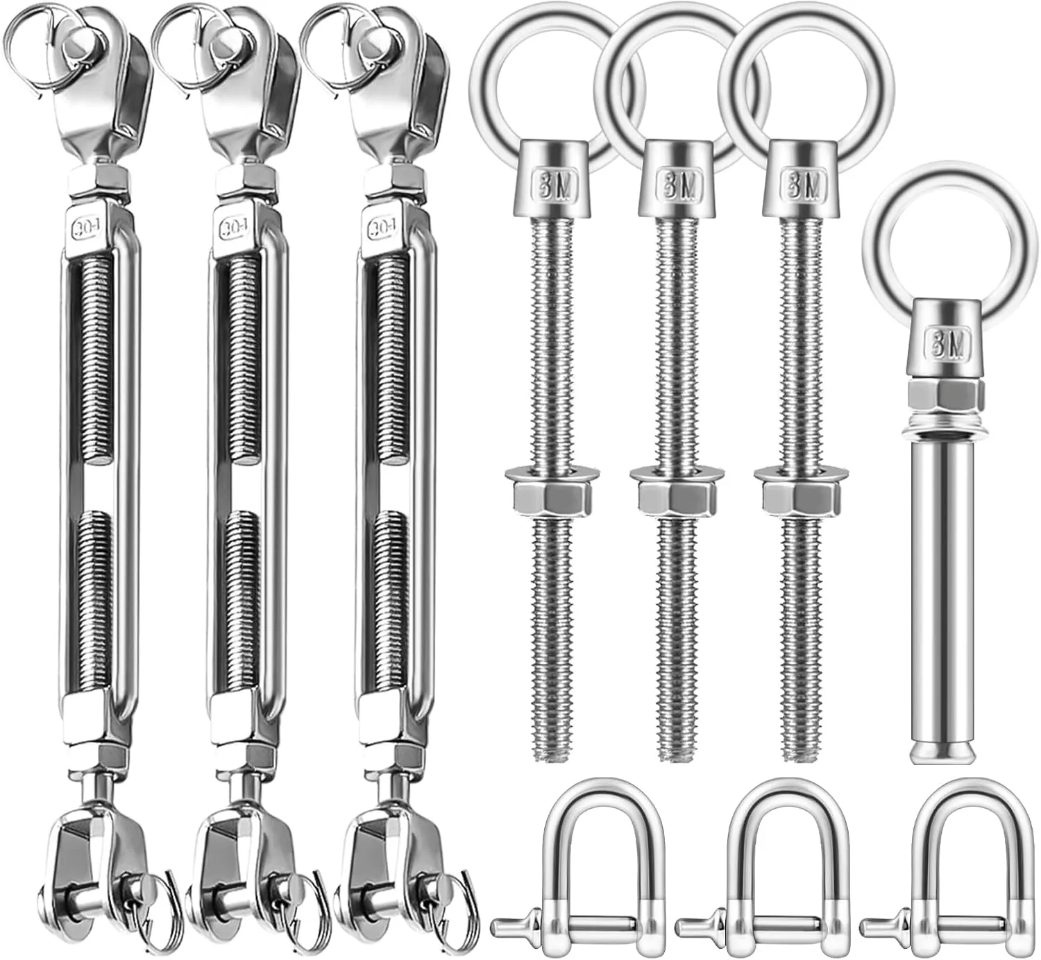 Eyourlife Upgraded Sun Shade Sail Hardware Kit with M8 Adjustable Turnbuckle and Threaded Eyebolts,Heavy Duty 304 Stainless Steel Hardware for Triangle Shade Sails Outdoor Installation,10Pcs