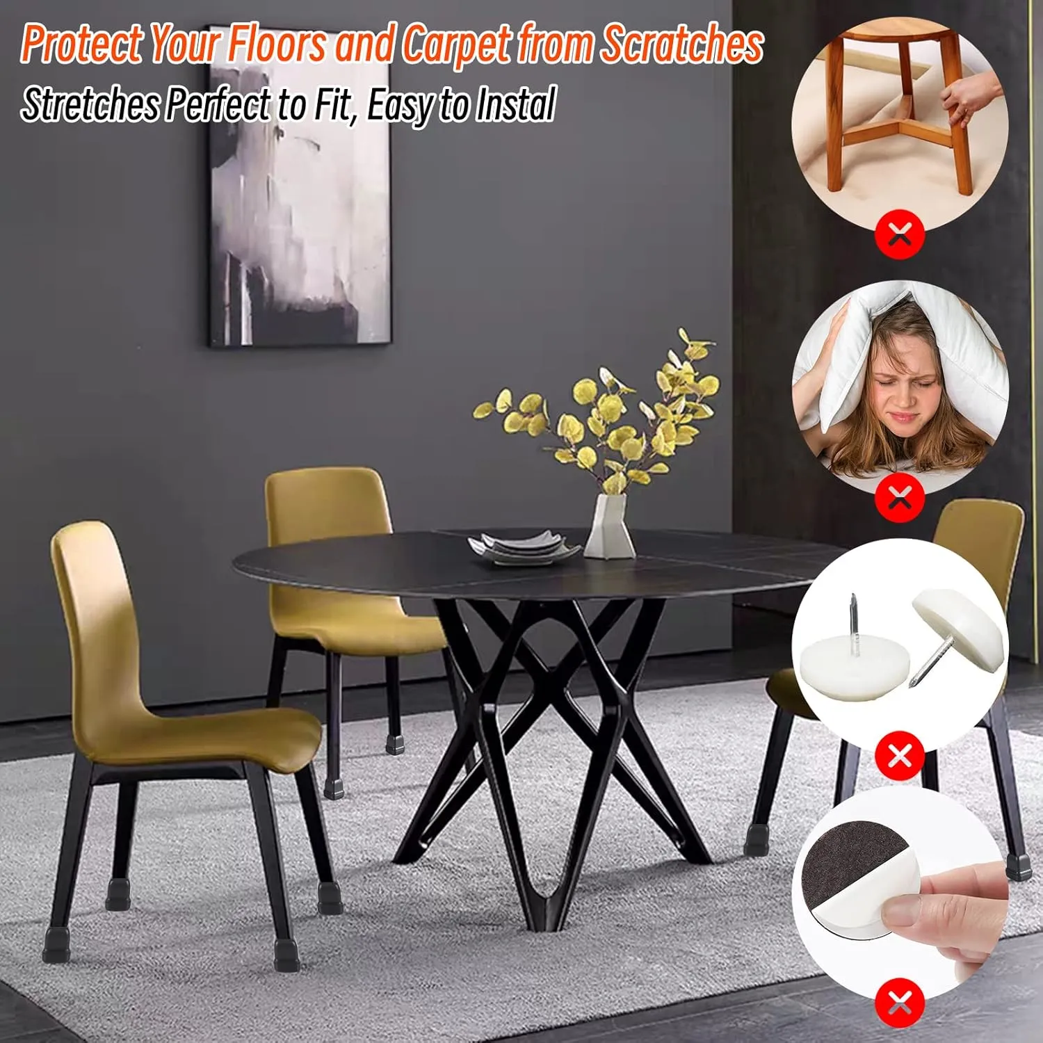 Ezprotekt 24 Pcs Clear Chair Leg Sliders for Carpet, Square Teflon Furniture Glides Protectors Covers, Bar Stool Carpet Sliders Caps for Chair Table Desk Couch Legs (S Fit: 3/5" to 7/10")