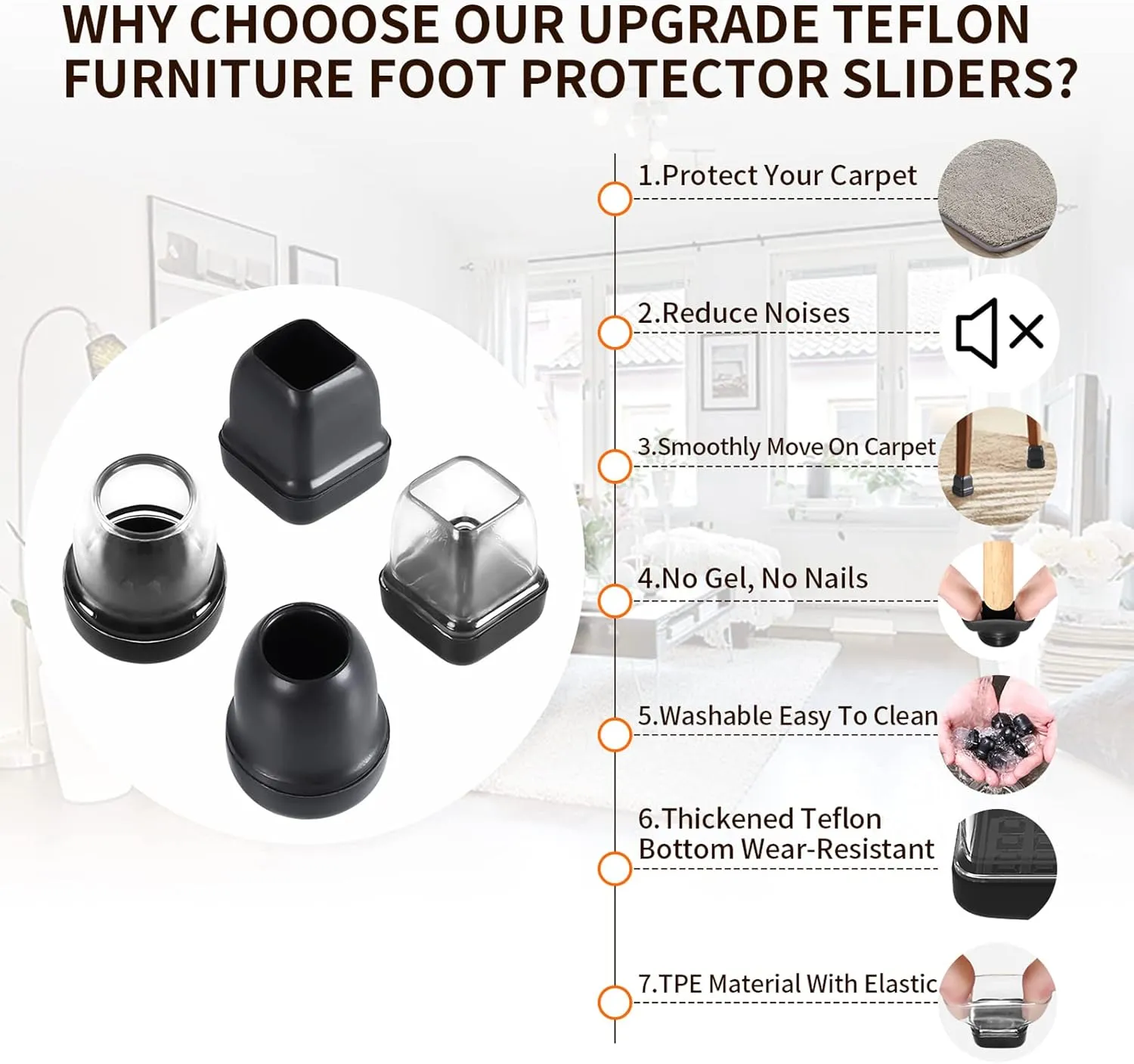 Ezprotekt 24 Pcs Clear Chair Leg Sliders for Carpet, Square Teflon Furniture Glides Protectors Covers, Bar Stool Carpet Sliders Caps for Chair Table Desk Couch Legs (S Fit: 3/5" to 7/10")