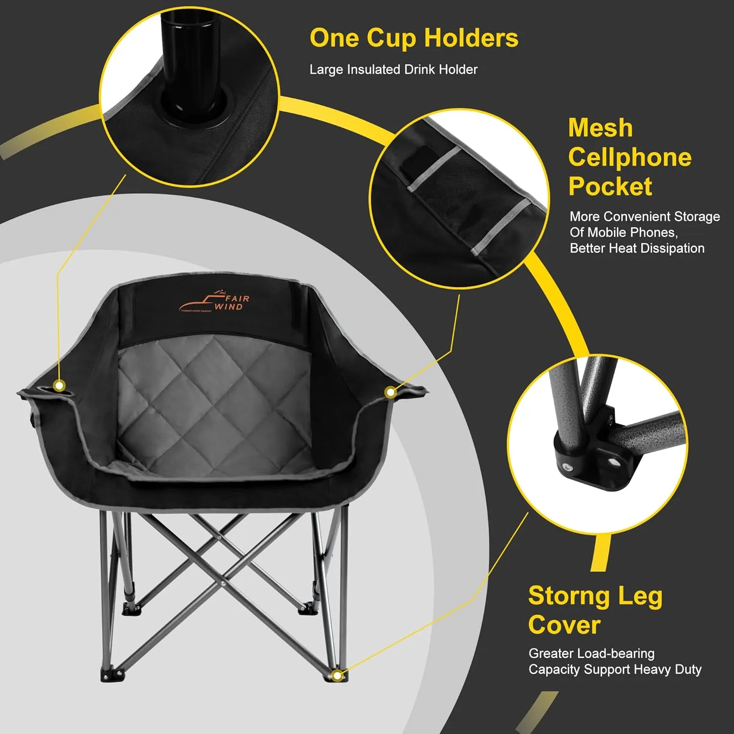 FAIR WIND Oversized Padded Camping Chair Heavy Duty Quad Fold Arm Chair Portable for Outdoor - Support 450LBS, Black