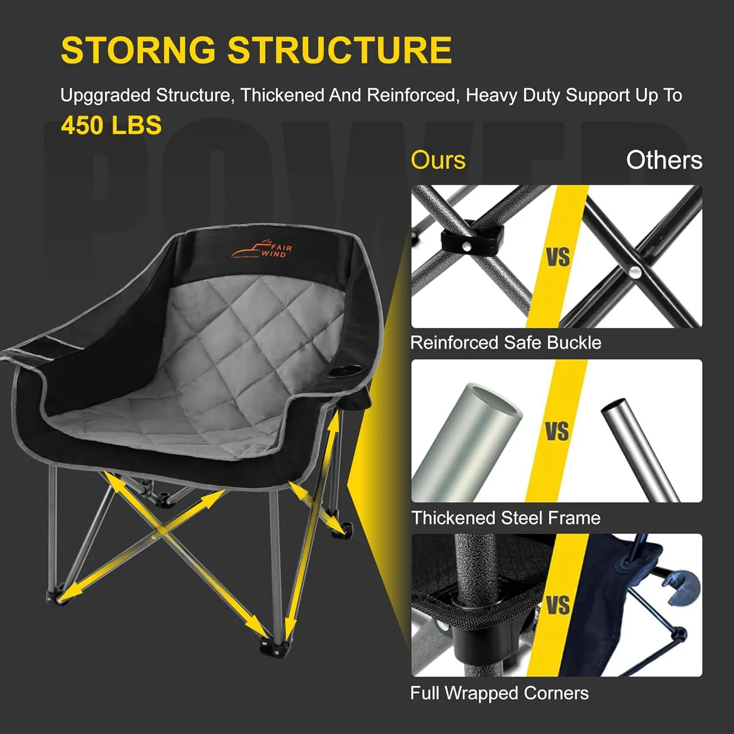 FAIR WIND Oversized Padded Camping Chair Heavy Duty Quad Fold Arm Chair Portable for Outdoor - Support 450LBS, Black