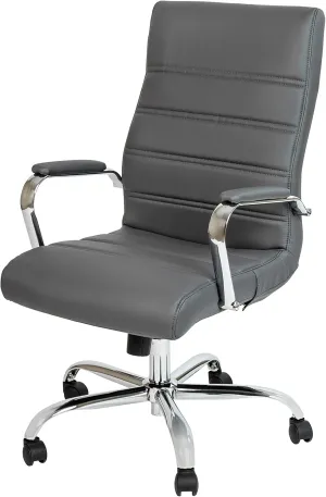Flash Furniture Whitney High-Back Swivel LeatherSoft Desk Chair with Padded Seat and Armrests, Adjustable Height Padded Office Chair, Gray/Chrome