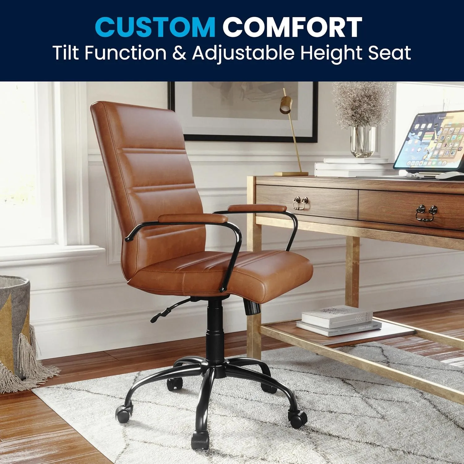 Flash Furniture Whitney Mid-Back Swivel Leather Desk Chair with Padded Seat and Armrests, Adjustable Height Padded Leather Office Chair, Brown/Black
