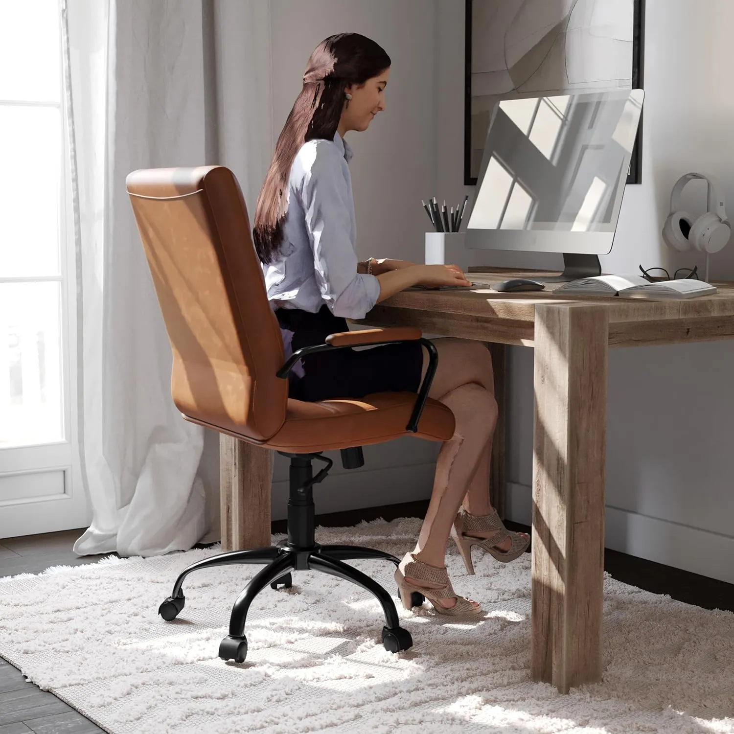 Flash Furniture Whitney Mid-Back Swivel Leather Desk Chair with Padded Seat and Armrests, Adjustable Height Padded Leather Office Chair, Brown/Black