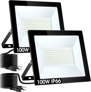 Flood Lights Outdoor with Plug,100W 10000LM Super Bright LED Work Light,IP66 Waterproof Security Light,Outside Floodlight for Garage,2 Pack
