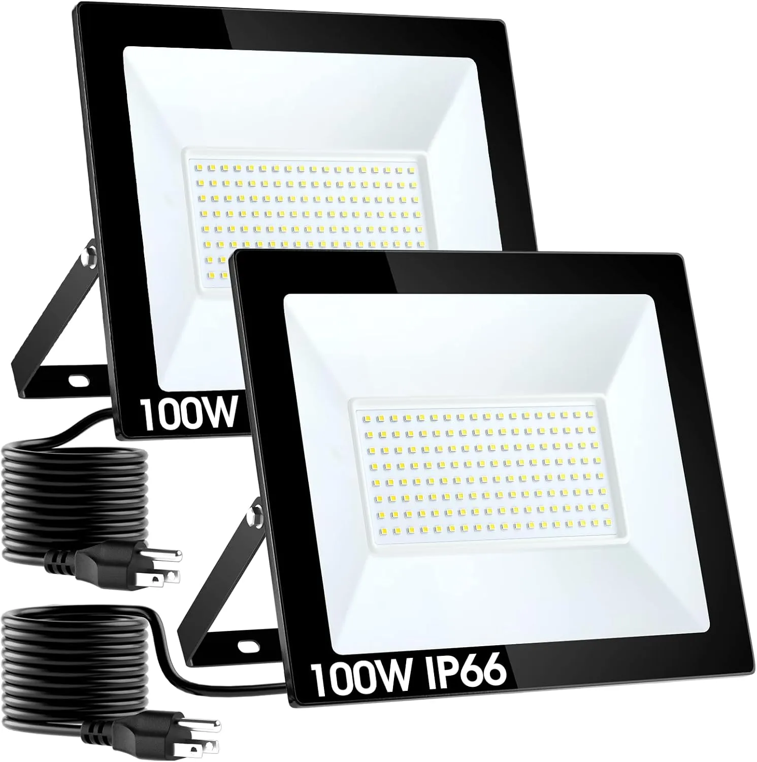 Flood Lights Outdoor with Plug,100W 10000LM Super Bright LED Work Light,IP66 Waterproof Security Light,Outside Floodlight for Garage,2 Pack